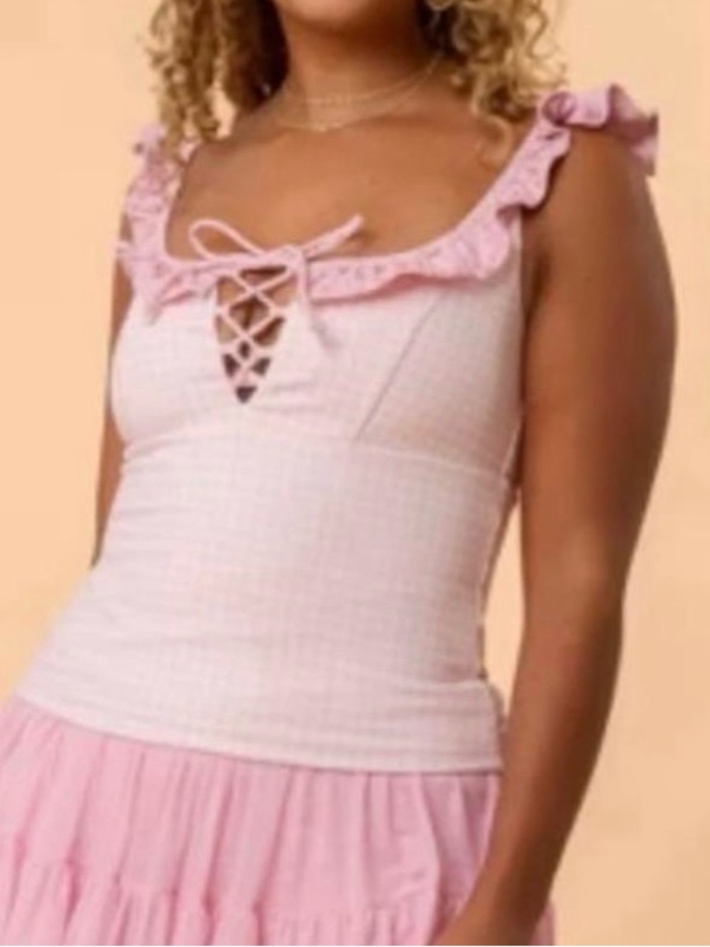 NWT XL Blogilates Women’s Ruffle Lace Up Tank Pink Gingham Floral Activewear